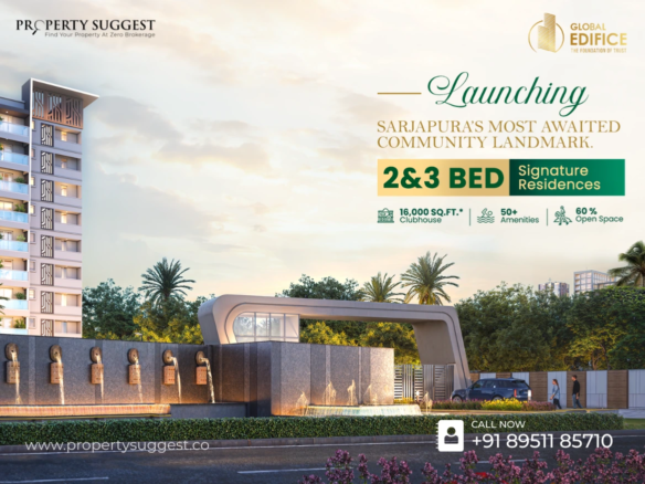 Aerial view of Global Edifice The Clan residential towers in Bagalur - Sarjapur Rd, Bangalore featuring high-rise apartments surrounded by greenery and a developed by Global Edifice.