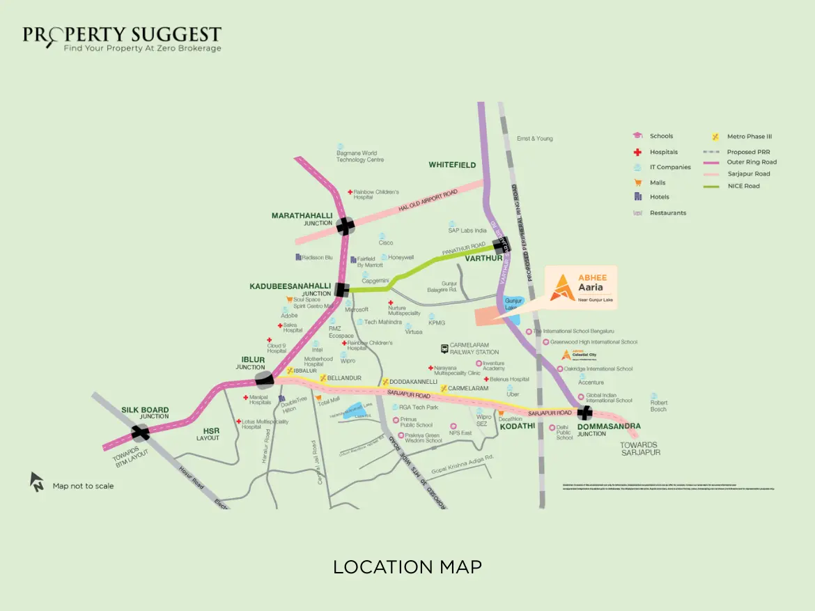 Abhee Aaria Location map Abhee Aaria Location map showing location connectivity of Gunjur, Varthur Road, Bangalore.