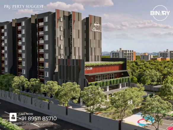 Aerial view of Binary Etania residential towers in Sompura Gate, Sarjapur Road, Bangalore featuring high-rise apartments surrounded by greenery and a developed by Binary Realty.