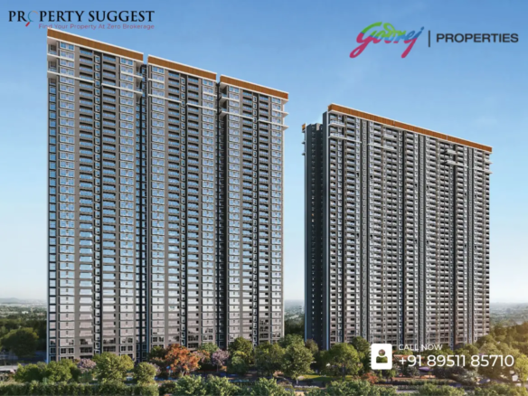 Aerial view of Godrej Parkshire residential towers in Hoskote, Whitefield, Bangalore featuring high-rise apartments surrounded by greenery and a developed by Godrej Properties.