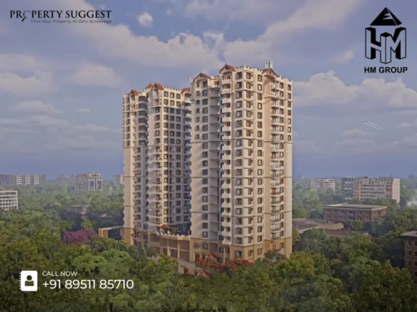 HM Scottsville in Kasavanahalli, Hosa Road, Bangalore by HM Group. HM Scottsville is the new Scottish themed residential apartments project, featuring an illustration of a large, modern high-rise apartment complex surrounded by greenery in sarjapur road.