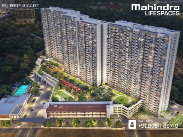Aerial view of Mahindra Blossom residential towers in Whitefield, Bangalore featuring high-rise apartments surrounded by greenery and a developed by Mahindra Lifespaces.