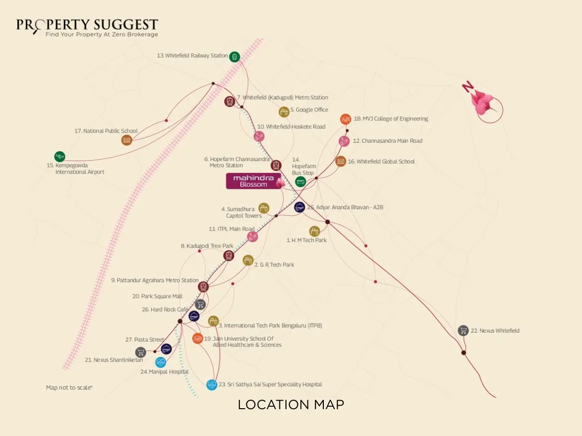 Mahindra Blossom Location map showing location connectivity of Whitefield, Bangalore.