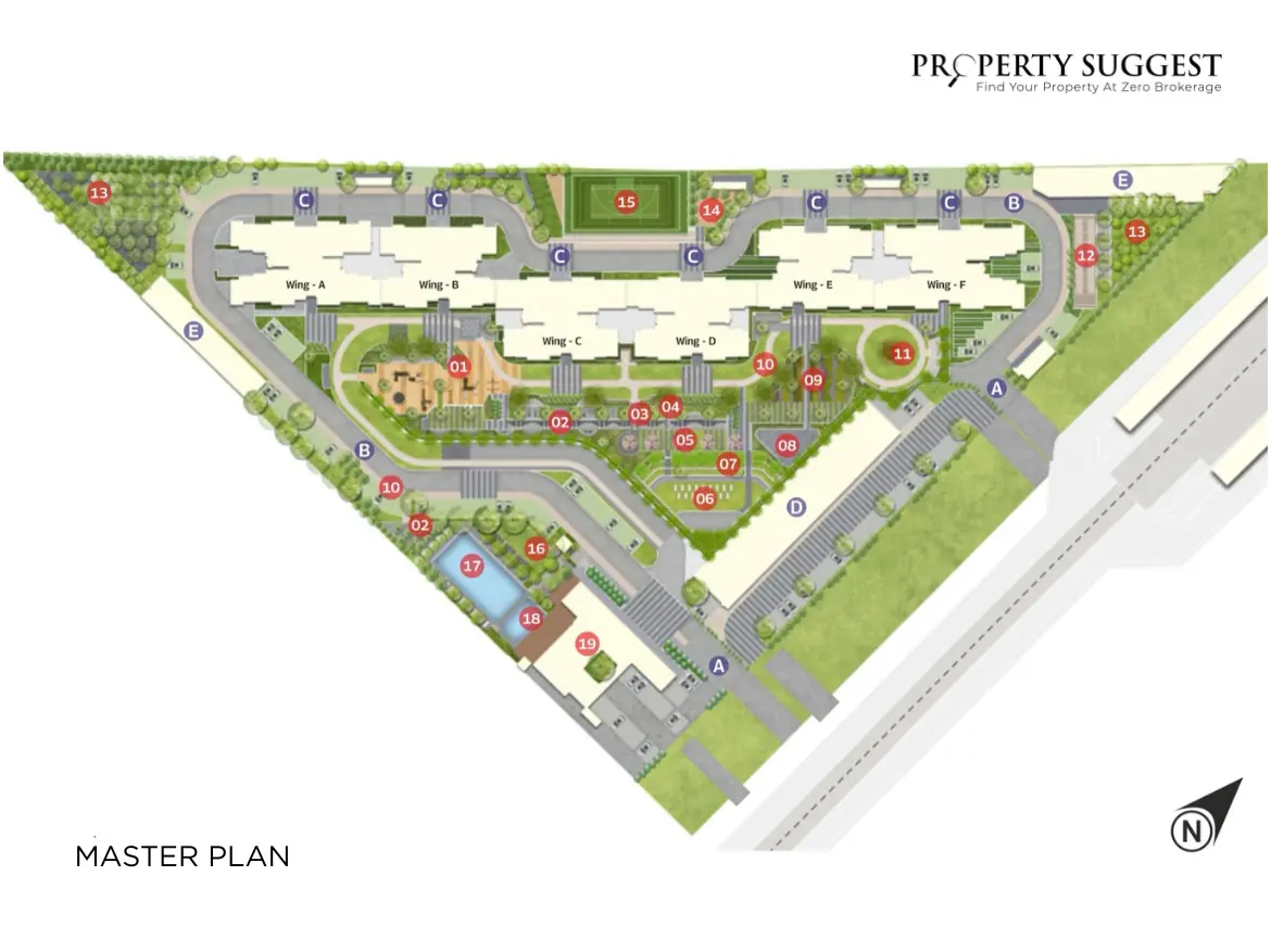 Mahindra Blossom master plan showing layout of towers, green spaces, clubhouse, and amenities in Whitefield, Bangalore.