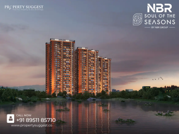 Aerial view of NBR Soul of the Seasons Phase 2 residential towers in Sarjapur Road, Bangalore, featuring high-rise apartments surrounded by greenery and a waterfront, developed by NBR Group.