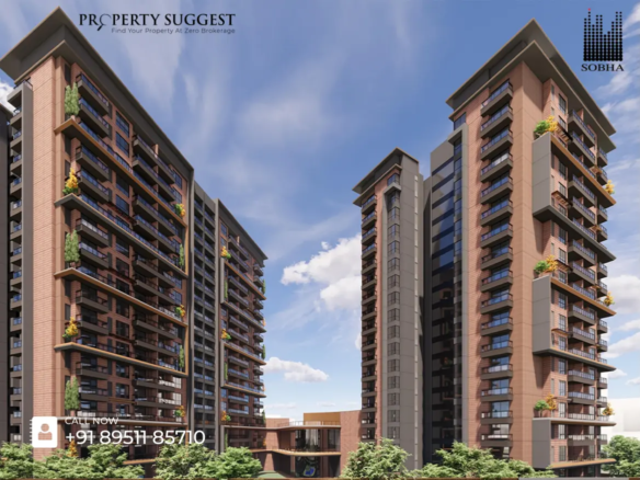 Aerial view of Sobha Altair residential towers in Sarjapur Road, Bangalore, featuring high-rise apartments surrounded by greenery and a developed by Sobha Limited.