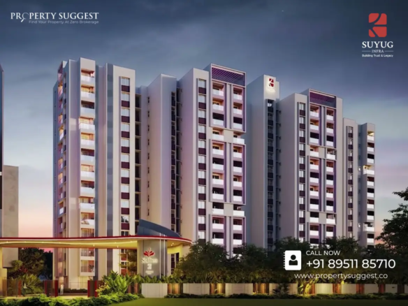 Aerial view of Suyug Saffron residential towers in Sompura Gate, Sarjapur Road, Bangalore featuring high-rise apartments surrounded by greenery and a developed by Suyug Infra.