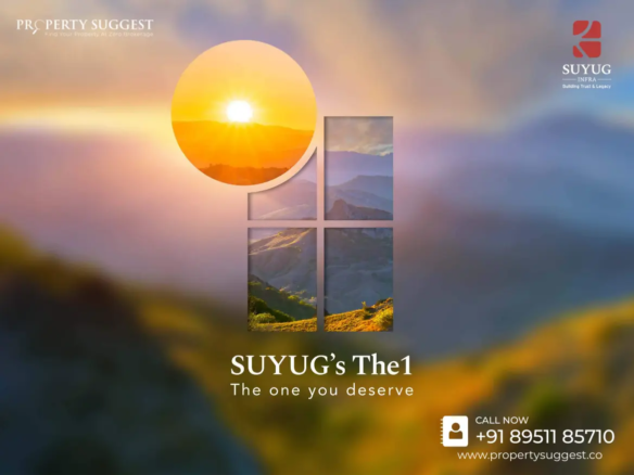 Aerial view of Suyug The 1 residential towers in Sompura Gate, Sarjapur Road, Bangalore featuring high-rise apartments surrounded by greenery and a developed by Suyug Infra.