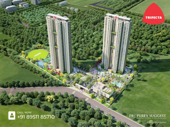 Aerial view of Trifecta Veranza residential towers in Sompura Gate, Sarjapur Road, Bangalore featuring high-rise apartments surrounded by greenery and a developed by Trifecta Projects.