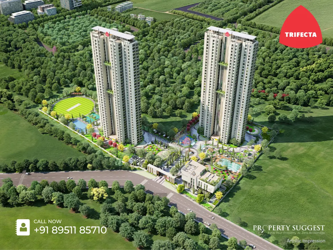 Aerial view of Trifecta Veranza residential towers in Sompura Gate, Sarjapur Road, Bangalore featuring high-rise apartments surrounded by greenery and a developed by Trifecta Projects.