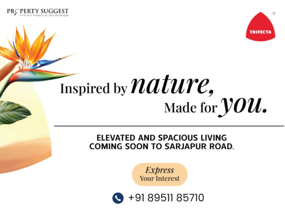 Aerial view of Trifecta Veranza residential towers in Sompura Gate, Sarjapur Road, Bangalore featuring high-rise apartments surrounded by greenery and a developed by Trifecta Projects.