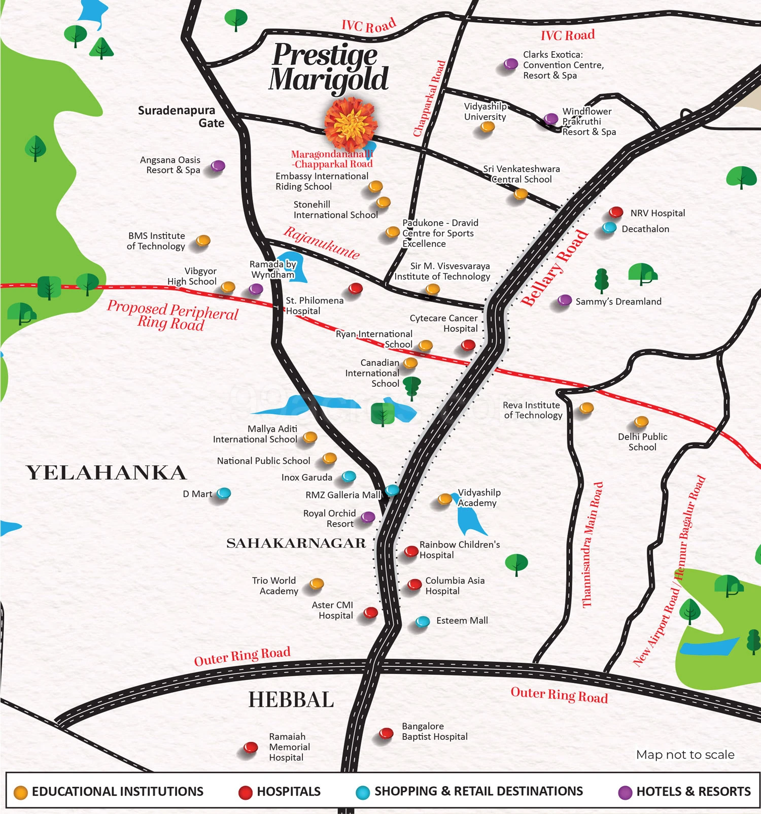 Image of a location map for Prestige Marigold phase 2 in North Bangalore, highlighting nearby educational institutions, hospitals, shopping and retail destinations, hotels and resorts, and major roads like IVC Road, Bellary Road, and Outer Ring Road.