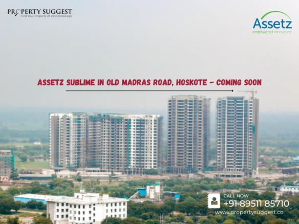 Aerial view of Assetz Codename Sublime residential towers in Old madras road Hoskote Bangalore, featuring high-rise apartments surrounded by greenery and a waterfront, developed by Assetz Property Group.