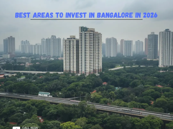 Aerial view of Bangalore's skyline and metro rail: best areas to invest in Bangalore in 2026.