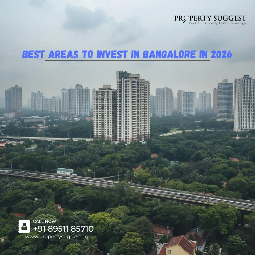 Aerial view of Bangalore's skyline and metro rail: best areas to invest in Bangalore in 2026.
