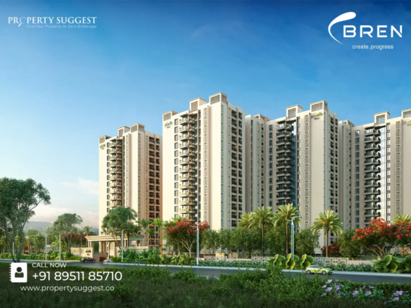 Aerial view of Bren Park City residential towers in Hulimangala, Electronic City, Bangalore featuring high-rise apartments surrounded by greenery and a developed by Bren Corporation.