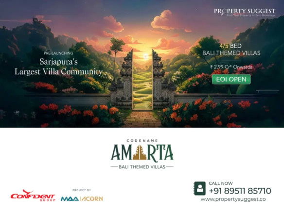 Aerial view of Confident Group Codename Amarta residential villas in Bagalur Sarjapur Road Bangalore featuring luxury villas surrounded by greenery and a developed by Confident Group and Maa Acorn.
