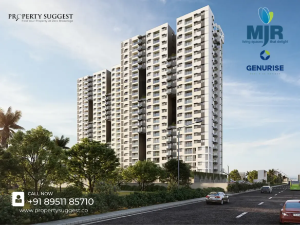 Aerial view of Genurise Codename Zerai residential towers in Doddakannelli, Sarjapur Main Road, Bangalore, featuring high-rise apartments surrounded by greenery and a waterfront, developed by Genurise Builders.