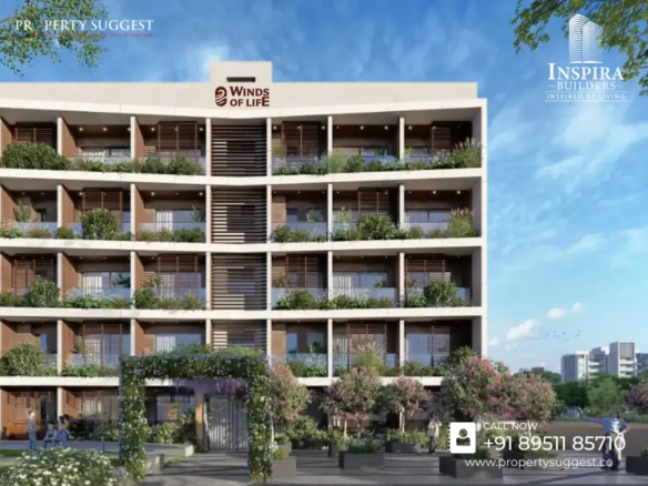 Aerial view of Inspira Winds of Life residential towers in Sarjapur Road, Bangalore featuring low-rise apartments surrounded by greenery and a developed by Inspira Builders.