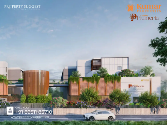 Aerial view of Kumar Plumeria residential towers in Baglur, Bangalore featuring high-rise apartments surrounded by greenery and a developed by Kumar Properties.