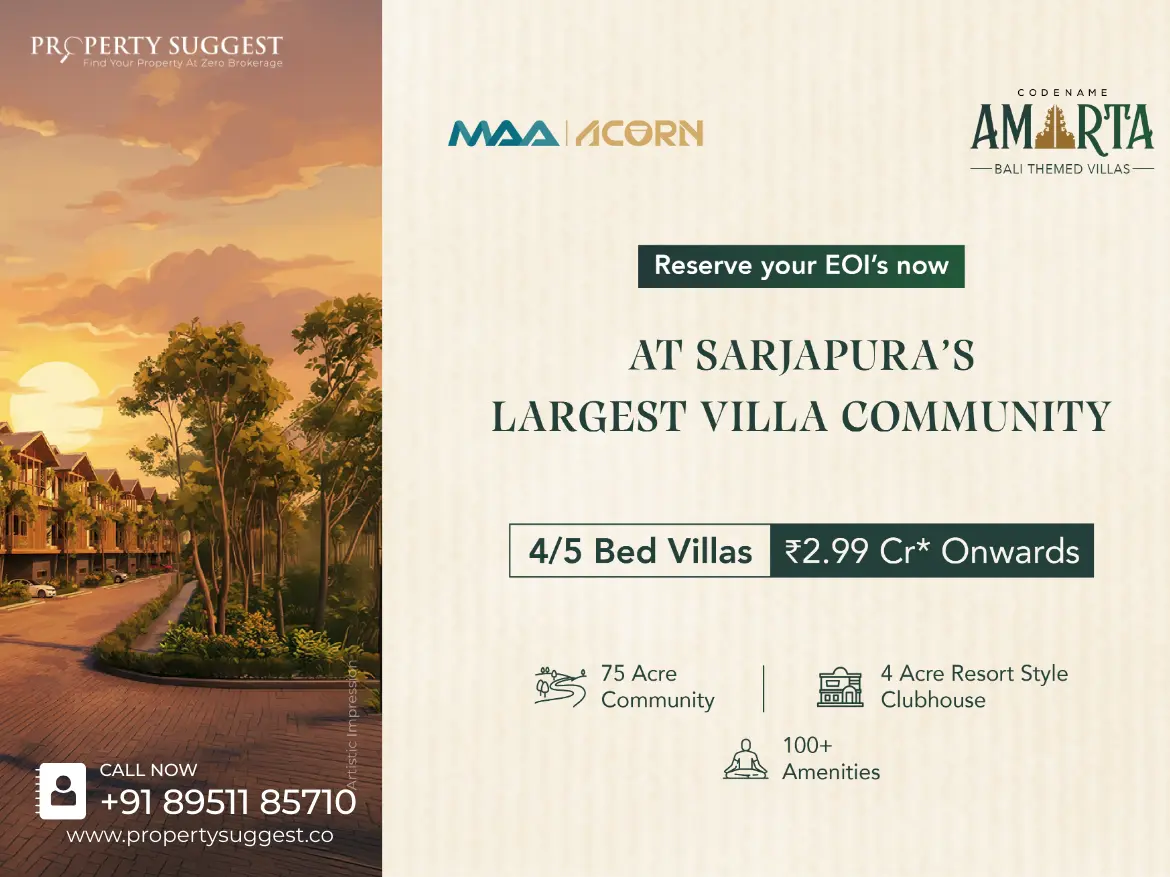 Aerial view of Maa Acorn Ayana Woods residential villas in Bagalur Sarjapur Road Bangalore featuring luxury villas surrounded by greenery and a developed by Maa Acorn.