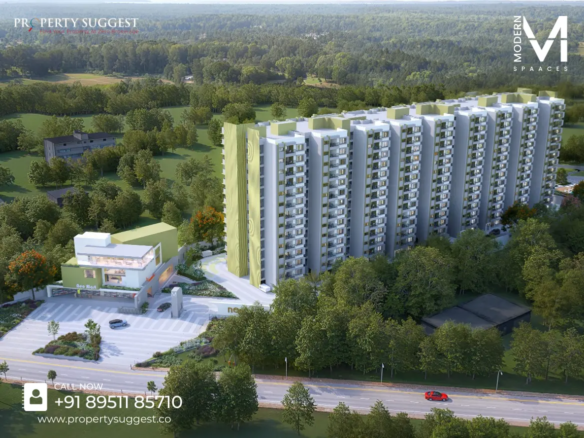 Aerial view of Modern Spaaces Neon residential towers in Chikka Thirupati Road Sarjapur Bangalore featuring high-rise apartments surrounded by greenery and a developed by Modern Spaces.