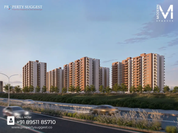 Aerial view of Modern Spaaces Onyx residential towers in Chikka Thirupati Road Sarjapur Bangalore featuring high-rise apartments surrounded by greenery and a developed by Modern Spaces.