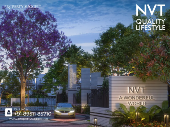 Aerial view of NVT A Wonderful World Eterna residential villas in Sarjapur, Attibele Road, Bangalore featuring luxury villas surrounded by greenery and a developed by NVT Quality Lifestyle.