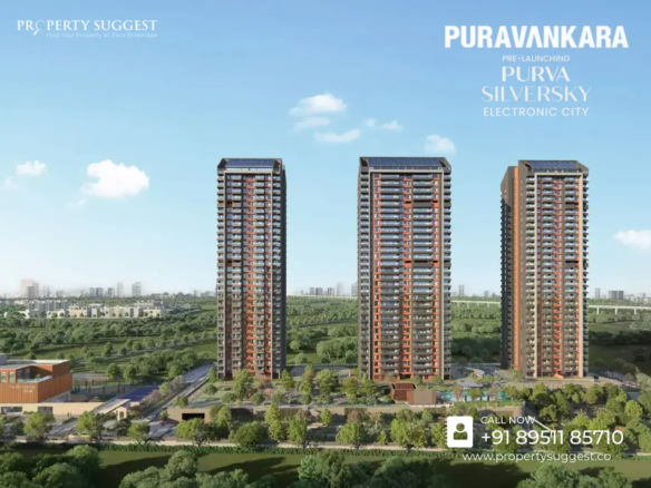 Aerial view of Kumar Plumeria residential towers in Baglur, Bangalore featuring high-rise apartments surrounded by greenery and a developed by Kumar Properties.