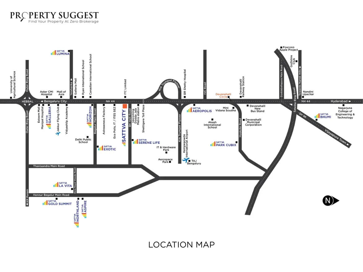 Sattva City Location map showing location connectivity of Chikkajala, Airport Road, Bangalore.