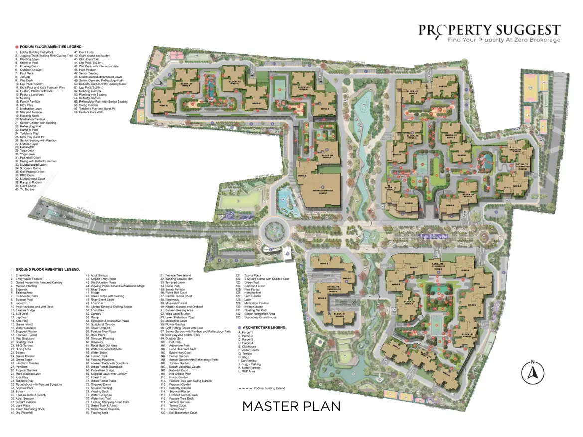 Sattva City master plan showing layout of towers, green spaces, clubhouse, and amenities in Chikkajala, Kempegowda International Airport Road, Bangalore.