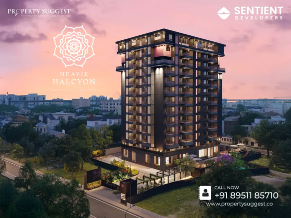 Aerial view of Sentient Heavie Halcyon residential towers in HSR Layout, Bangalore, featuring high-rise apartments surrounded by greenery and a waterfront, developed by Sentient Developers.