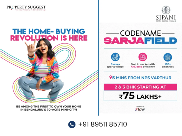 Aerial view of Sipani City residential towers in Madappanahalli, Sarjapur, Bangalore featuring high-rise apartments surrounded by greenery and a developed by Sipani Properties.
