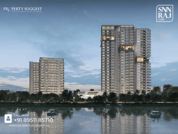 Aerial view of SNN Raj Bay Vista Phase 2 residential towers in Bilekahalli, Bangalore featuring high-rise apartments surrounded by greenery and a developed by SNN Raj Corp.