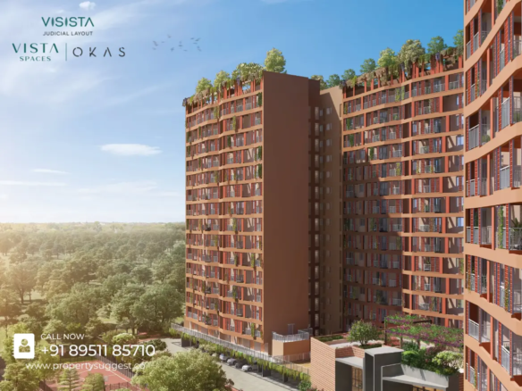 Aerial view of Visista By Vista Spaces Okas residential towers in Judicial Layout, Yelahanka Bangalore featuring high-rise apartments surrounded by greenery and a developed by Vista Spaces.