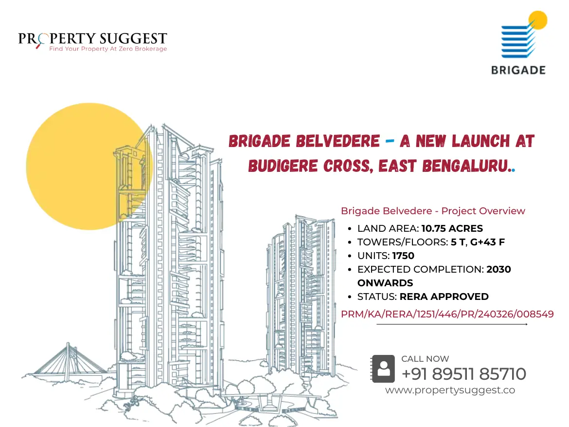 Aerial view of Brigade Belvedere residential towers in Budigere Cross, East Bangalore, featuring high-rise apartments surrounded by greenery and a waterfront, developed by Brigade Group.
