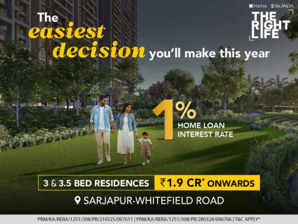 Aerial view of Forest Province at Mana Skanda The Right Life residential towers in Sarjapur Whitefield Main Road, Bangalore, featuring high-rise apartments surrounded by greenery and a waterfront, developed by Mana Projects.