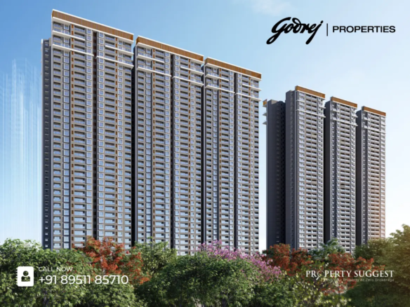 Aerial view of Godrej Aveline residential towers in Yelahanka, Bangalore, featuring high-rise apartments surrounded by greenery and a waterfront, developed by Godrej Properties.