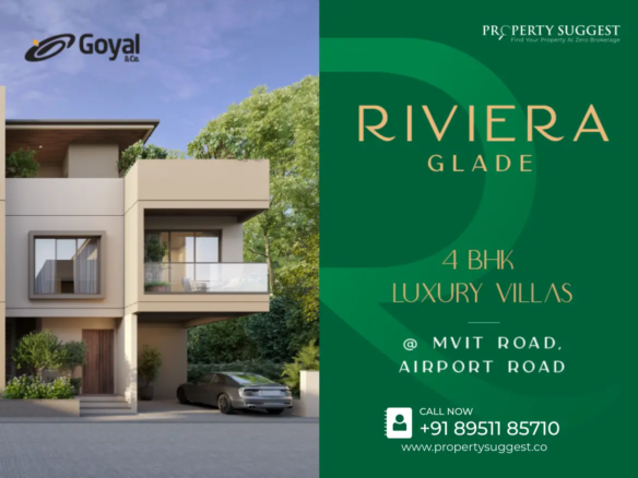 Aerial view of Goyal Riviera Glade residential villas in Bettahalasur Airport Road Bangalore featuring luxury villas surrounded by greenery and a developed by Goyal and Co Hariyana Group.