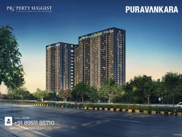 Aerial view of Purva Northern Lights residential towers in KIADB Aerospace Park, Bagalur Road, Bangalore, featuring high-rise apartments surrounded by greenery and a waterfront, developed by Puravankara Limited.