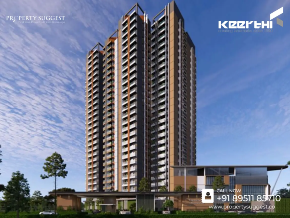 Aerial view of Keerthi Nandini The Ascent residential towers in Budigere Road Bommenahalli Bangalore featuring high-rise apartments surrounded by greenery and a waterfront, developed by Keerthi Estates.