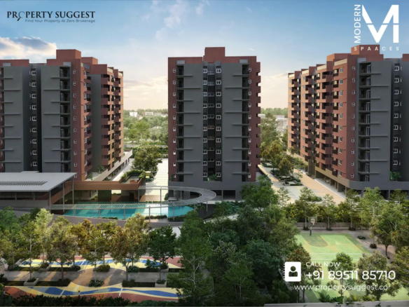 Aerial view of Modern Spaces Serene Heights residential towers in Sompura Gate Kada Agrahara Road Sarjapur Bangalore featuring high-rise apartments surrounded by greenery and a developed by Modern Spaces.