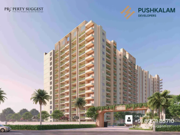 Aerial view of Pushkalam Heritage residential towers in Budigere Cross Bangalore featuring high-rise apartments surrounded by greenery, developed by Pushkalam Developer.