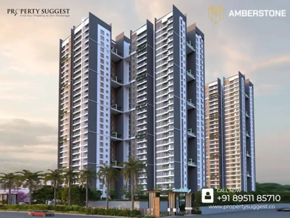Aerial view of Ventara Residences Phase 2 residential towers in off Sarjapur Road; Chambenahalli; Bangalore, featuring high-rise apartments surrounded by greenery and a waterfront, developed by Amberstone Properties.
