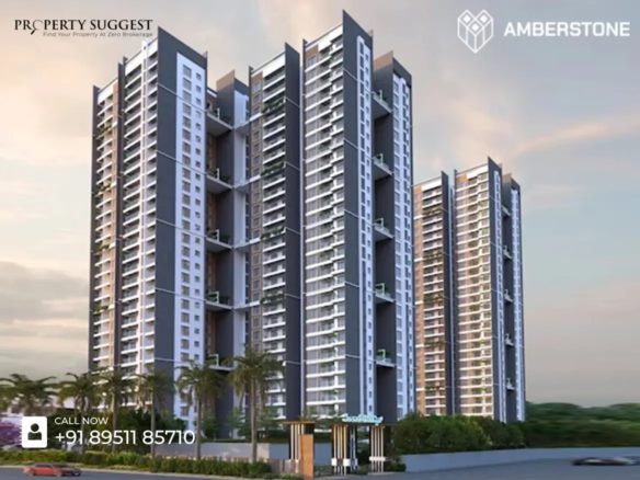 Aerial view of Amberstone Codename Sleek residential towers in Off Sarjapura Road, Bangalore featuring high-rise apartments surrounded by greenery and a developed by Amberstone Properties.