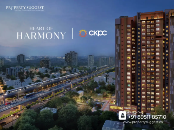 Aerial view of CKPC Heart of Harmony residential towers in Kudlu Gate Bangalore featuring high-rise apartments surrounded by greenery and a developed by CKPC Properties.
