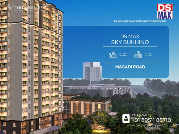 Aerial view of DS Max Sky Sukhino residential towers in Magadi Road Kurubarahalli Tavarekere Bangalore featuring high-rise apartments surrounded by greenery and a developed by DS MAX Properties.