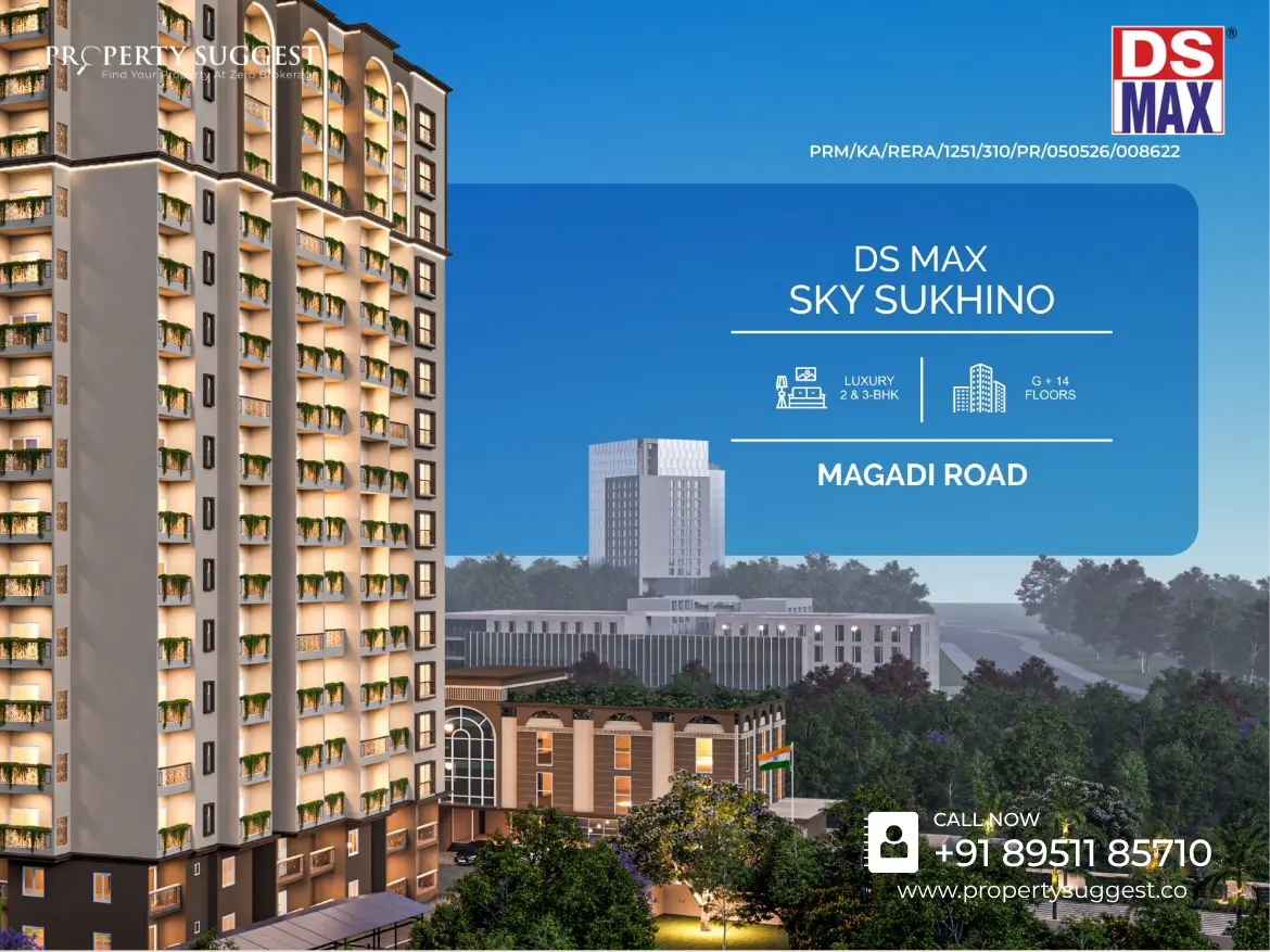 Aerial view of DS Max Sky Sukhino residential towers in Magadi Road Kurubarahalli Tavarekere Bangalore featuring high-rise apartments surrounded by greenery and a developed by DS MAX Properties.