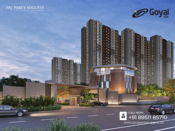 Aerial view of Goyal Orchid South Park residential towers in Huskur Road Hebbagodi Electronic City Bangalore featuring high-rise apartments surrounded by greenery and a developed by Goyal and Co Hariyana Group.