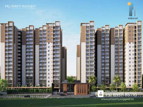 Aerial view of Habulus Oasis Grove residential towers in Maragondanahalli Electronic City Bangalore featuring high-rise apartments surrounded by greenery and a developed by Habulus Groups.